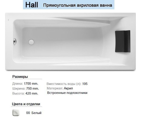 Акриловая Ванна Прямоугольная Roca Hall 170X75X42